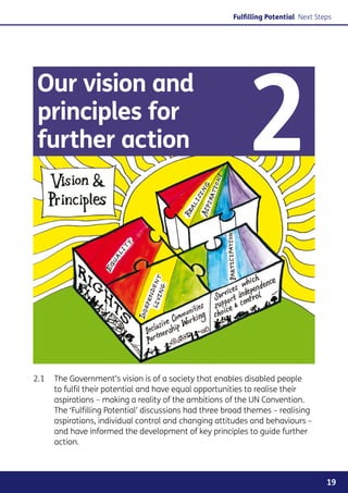 Fulfilling Potential Next Steps




                                                           2
 Our vision and
 principles for
 further action




2.1	 The Government’s vision is of a society that enables disabled people
     to fulfil their potential and have equal opportunities to realise their
     aspirations – making a reality of the ambitions of the UN Convention.
     The ‘Fulfilling Potential’ discussions had three broad themes – realising
     aspirations, individual control and changing attitudes and behaviours –
     and have informed the development of key principles to guide further
     action.



                                                                                    19
 