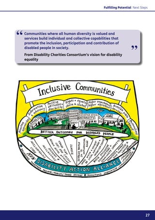 Fulfilling Potential Next Steps




“   Communities where all human diversity is valued and
    services build individual and collective capabilities that
    promote the inclusion, participation and contribution of
    disabled people in society.
    From Disability Charities Consortium’s vision for disability       ”
    equality




                                                                                 27
 