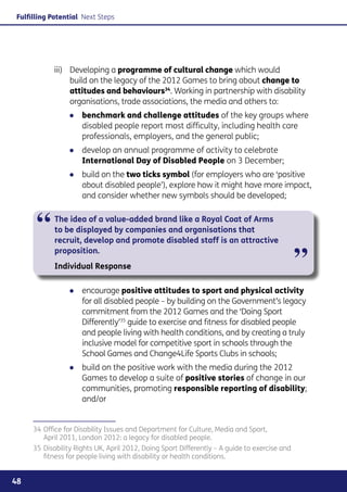 Fulfilling Potential Next Steps




            iii) 	 Developing a programme of cultural change which would
                   build on the legacy of the 2012 Games to bring about change to
                   attitudes and behaviours34. Working in partnership with disability
                   organisations, trade associations, the media and others to:
                 ●● benchmark and challenge attitudes of the key groups where
                    disabled people report most difficulty, including health care
                    professionals, employers, and the general public;
                 ●● develop an annual programme of activity to celebrate
                    International Day of Disabled People on 3 December;
                 ●● build on the two ticks symbol (for employers who are ‘positive
                    about disabled people’), explore how it might have more impact,
                    and consider whether new symbols should be developed;



      “     The idea of a value-added brand like a Royal Coat of Arms
            to be displayed by companies and organisations that
            recruit, develop and promote disabled staff is an attractive


                                                                                              ”
            proposition.
            Individual Response

                 ●● encourage positive attitudes to sport and physical activity
                    for all disabled people – by building on the Government’s legacy
                    commitment from the 2012 Games and the ‘Doing Sport
                    Differently’35 guide to exercise and fitness for disabled people
                    and people living with health conditions, and by creating a truly
                    inclusive model for competitive sport in schools through the
                    School Games and Change4Life Sports Clubs in schools;
                 ●● build on the positive work with the media during the 2012
                    Games to develop a suite of positive stories of change in our
                    communities, promoting responsible reporting of disability;
                    and/or


     34	Office for Disability Issues and Department for Culture, Media and Sport,
        April 2011, London 2012: a legacy for disabled people.
     35	Disability Rights UK, April 2012, Doing Sport Differently – A guide to exercise and
        fitness for people living with disability or health conditions.


48
 