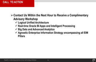 31
CALL TO ACTION
Experts in delivering business-driven technology solutions
Contact Us Within the Next Hour to Receive a Complimentary
Advisory Workshop
 Logical Unified Architecture
 Real-time Oracle BI Apps and Intelligent Processing
 Big Data and Advanced Analytics
 Agnostic Enterprise Information Strategy encompassing all EIM
Pillars
 
