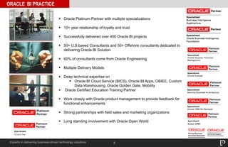 6Experts in delivering business-driven technology solutions
ORACLE BI PRACTICE
 Oracle Platinum Partner with multiple specializations
 10+ year relationship of loyalty and trust
 Successfully delivered over 400 Oracle BI projects
 50+ U.S based Consultants and 50+ Offshore consultants dedicated to
delivering Oracle BI Solution
 60% of consultants come from Oracle Engineering
 Multiple Delivery Models
 Deep technical expertise on
 Oracle BI Cloud Service (BICS), Oracle BI Apps, OBIEE, Custom
Data Warehousing, Oracle Golden Gate, Mobility
 Oracle Certified Education Training Partner
 Work closely with Oracle product management to provide feedback for
functional enhancements
 Strong partnerships with field sales and marketing organizations
 Long standing involvement with Oracle Open World
 