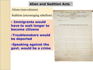 Alien and Sedition Acts
Aliens (non-citizens)
Sedition (encouraging rebellion)
- Immigrants would
have to wait longer to
become citizens
-Troublemakers would
be deported
-Speaking against the
govt. would be a crime
 