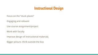 Instructional Design
Focus on the “stuck places”
Engaging and relevant
Use course assignment/project
Work with faculty
Improve design of instructional materials
Bigger picture--think outside the box
 