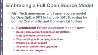 Embracing a Full Open Source Model
¨   PrismTech announces a full open source model
     for OpenSplice DDS to include LGPL licensing for




                                                           Copyright	
  2011,	
  PrismTech	
  –	
  	
  All	
  Rights	
  Reserved
     both its Community and Commercial Editions
¨   All Commercial Edition customers benefit from:
      ¨   No cost deployment licensing on all platforms
      ¨   Most up to date source code
      ¨   Value-adding tools and plug-in options
      ¨   Unlimited product support
      ¨   All product updates and upgrades
      ¨   Access to beta programs
 