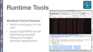 Runtime Tools




                               Copyright	
  2010,	
  PrismTech	
  –	
  	
  All	
  Rights	
  Reserved.
WireShark Packet Dissector
¨ Watch what goes on the

   wire
¨ Inspect DDSI-RTPS and RT-

   Networking packets
   being exchanged
   between applications
 