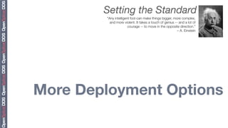 Setting the Standard
        "Any intelligent fool can make things bigger, more complex,
          and more violent. It takes a touch of genius -- and a lot of
                       courage -- to move in the opposite direction.”
                                                         – A. Einstein




More Deployment Options
 
