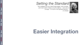 Setting the Standard
 "Any intelligent fool can make things bigger, more complex,
   and more violent. It takes a touch of genius -- and a lot of
                courage -- to move in the opposite direction.”
                                                  – A. Einstein




Easier Integration
 