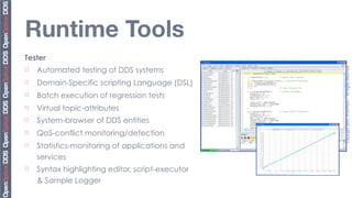 Runtime Tools
Tester




                                                   Copyright	
  2010,	
  PrismTech	
  –	
  	
  All	
  Rights	
  Reserved.
¨   Automated testing of DDS systems
¨   Domain-Specific scripting Language (DSL)
¨   Batch execution of regression tests
¨   Virtual topic-attributes
¨   System-browser of DDS entities
¨   QoS-conflict monitoring/detection
¨   Statistics-monitoring of applications and
     services
¨   Syntax highlighting editor, script-executor
     & Sample Logger
 