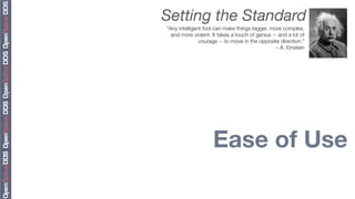 Setting the Standard
"Any intelligent fool can make things bigger, more complex,
  and more violent. It takes a touch of genius -- and a lot of
               courage -- to move in the opposite direction.”
                                                 – A. Einstein




                    Ease of Use
 