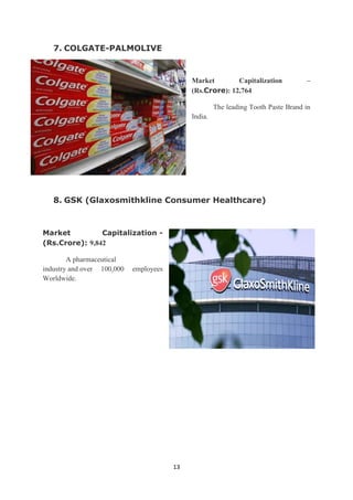 7. COLGATE-PALMOLIVE


                                             Market        Capitalization           –
                                             (Rs.Crore): 12,764

                                                      The leading Tooth Paste Brand in
                                             India.




   8. GSK (Glaxosmithkline Consumer Healthcare)



Market          Capitalization -
(Rs.Crore): 9,842

        A pharmaceutical
industry and over 100,000   employees
Worldwide.




                                        13
 