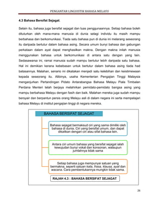 PENGANTAR LINGUISTIK BAHASA MELAYU
26
RAJAH 4.3 : BAHASA BERSIFAT SEJAGAT
4.3 Bahasa Bersifat Sejagat.
Selain itu, bahasa juga bersifat sejagat dan luas penggunaannya. Setiap bahasa boleh
dituturkan oleh mana-mana manusia di dunia selagi individu itu masih mampu
berbahasa dan berkomunikasi. Tiada satu bahasa pun di dunia ini melarang seseorang
itu daripada bertutur dalam bahasa asing. Secara umum bunyi bahasa dan gabungan
perkataan dalam ayat dapat menghasilkan makna. Dengan makna inilah manusia
menggunakan bahasa untuk berkomunikasi di antara satu dengan yang lain.
Sedasawarsa ini, ramai manusia sudah mampu bertutur lebih daripada satu bahasa.
Hal ini demikian kerana kebebasan untuk bertutur dalam bahasa asing tiada had
batasannya. Malahan, senario ini dikatakan menjadi satu kelebihan dan keistimewaan
kepada seseorang itu. Alibinya, usaha Kementerian Pengajian Tinggi Malaysia
menganjurkan Pertandingan Pidato Antarabangsa Bahasa Melayu Piala Timbalan
Perdana Menteri telah berjaya melahirkan pemidato-pemidato bangsa asing yang
mampu berbahasa Melayu dengan fasih dan baik. Malahan mereka juga sudah mampu
bersyair dan berpantun persis orang Melayu asli di dalam negara ini serta mempelajari
bahasa Melayu di institut pengajian tinggi di negara mereka.
BAHASA BERSIFAT SEJAGAT
Bahasa sejagat bermaksud ciri yang sama dimiliki oleh
bahasa di dunia. Ciri yang bersifat umum, dan dapat
dikaitkan dengan ciri atau sifat bahasa lain.
Antara ciri umum bahasa yang bersifat sejagat ialah
kewujudan bunyi vokal dan konsonan, walaupun
jumlahnya tidak sama
Setiap bahasa juga mempunyai satuan yang
bermakna, seperti satuan kata, frasa, klausa, ayat dan
wacana. Cara pembentukannya mungkin tidak sama.
 