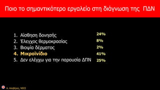 Ποιο το σημαντικότερο εργαλείο στη διάγνωση της ΠΔΝ 
Α. Αλαβέρας, ΝΕΕΣ 
24% 
8% 
2% 
41% 
25% 
1. Αίσθηση δονησής 
2. Έλεγχος θερμοκρασίας 
3. Βιοψία δέρματος 
4. Μικροϊνίδιο 
5. Δεν ελέγχω για την παρουσία ΔΠΝ 
 