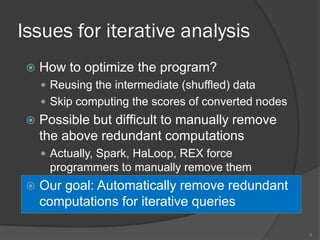 Issues for iterative analysis
 How to optimize the program?
 Reusing the intermediate (shuffled) data
 Skip computing the scores of converted nodes
 Possible but difficult to manually remove
the above redundant computations
 Actually, Spark, HaLoop, REX force
programmers to manually remove them
 Our goal: Automatically remove redundant
computations for iterative queries
5
 