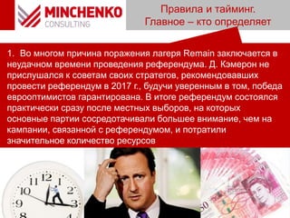 Правила и тайминг.
Главное – кто определяет
1. Во многом причина поражения лагеря Remain заключается в
неудачном времени проведения референдума. Д. Кэмерон не
прислушался к советам своих стратегов, рекомендовавших
провести референдум в 2017 г., будучи уверенным в том, победа
еврооптимистов гарантирована. В итоге референдум состоялся
практически сразу после местных выборов, на которых
основные партии сосредотачивали большее внимание, чем на
кампании, связанной с референдумом, и потратили
значительное количество ресурсов
 