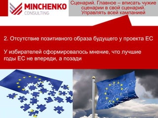 Сценарий. Главное – вписать чужие
сценарии в свой сценарий.
Управлять всей кампанией
2. Отсутствие позитивного образа будущего у проекта ЕС
У избирателей сформировалось мнение, что лучшие
годы ЕС не впереди, а позади
 