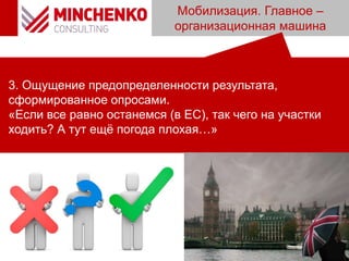Мобилизация. Главное –
организационная машина
3. Ощущение предопределенности результата,
сформированное опросами.
«Если все равно останемся (в ЕС), так чего на участки
ходить? А тут ещё погода плохая…»
 