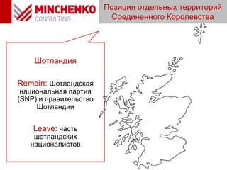 Шотландия
Remain: Шотландская
национальная партия
(SNP) и правительство
Шотландии
Leave: часть
шотландских
националистов
Позиция отдельных территорий
Соединенного Королевства
 