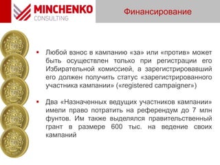 Финансирование
 Любой взнос в кампанию «за» или «против» может
быть осуществлен только при регистрации его
Избирательной комиссией, а зарегистрировавший
его должен получить статус «зарегистрированного
участника кампании» («registered campaigner»)
 Два «Назначенных ведущих участников кампании»
имели право потратить на референдум до 7 млн
фунтов. Им также выделялся правительственный
грант в размере 600 тыс. на ведение своих
кампаний
 