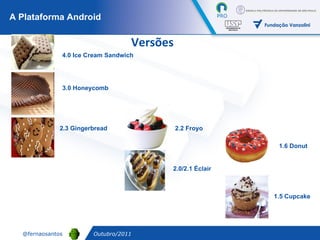 A Plataforma Android Versões 3.0 Honeycomb 2.3 Gingerbread 2.2 Froyo 2.0/2.1 Éclair 1.5 Cupcake 4.0 Ice Cream Sandwich Outubro/2011 1.6 Donut 