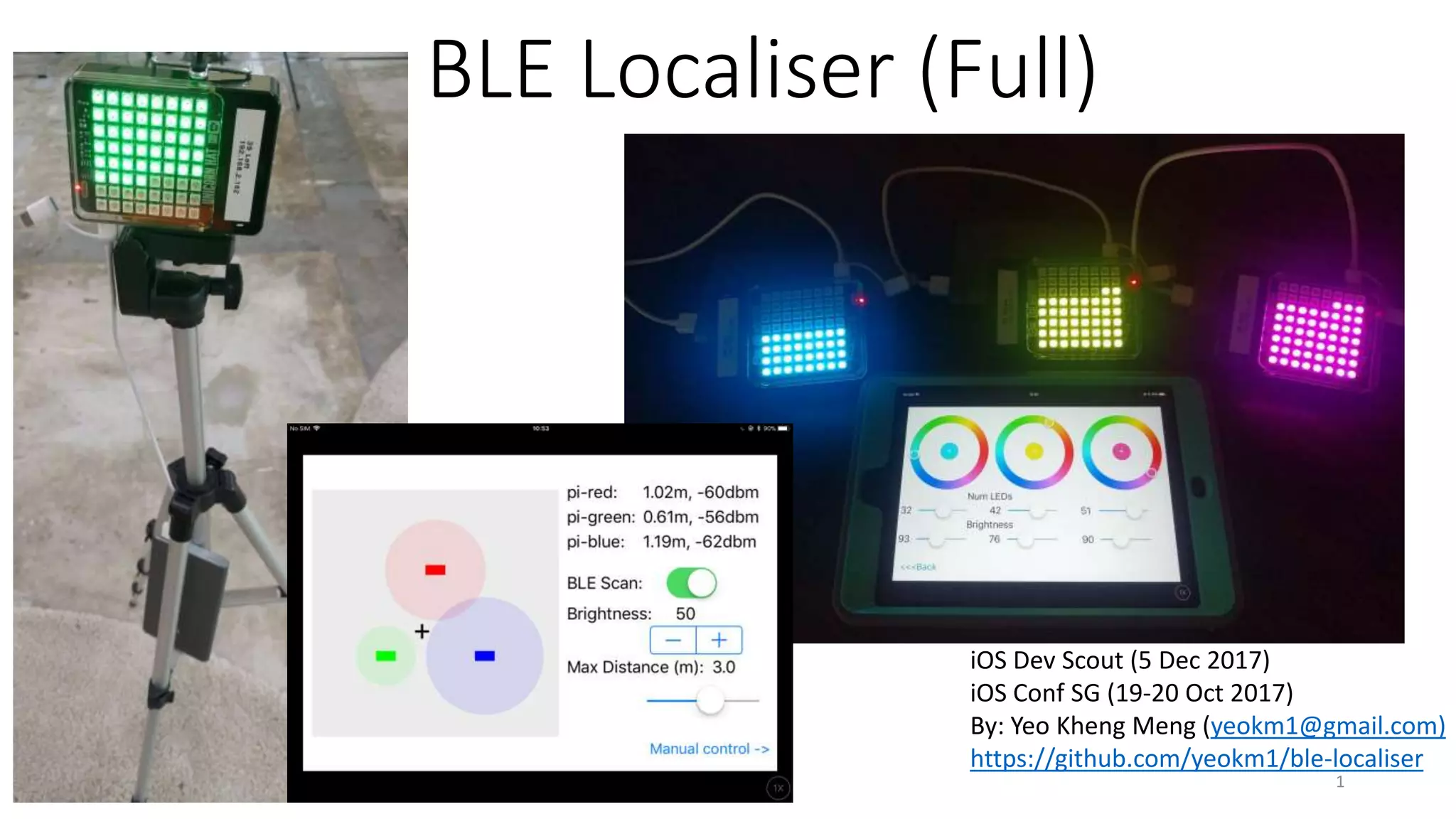 BLE Localiser (Full)
iOS Dev Scout (5 Dec 2017)
iOS Conf SG (19-20 Oct 2017)
By: Yeo Kheng Meng (yeokm1@gmail.com)
https://github.com/yeokm1/ble-localiser
1
 