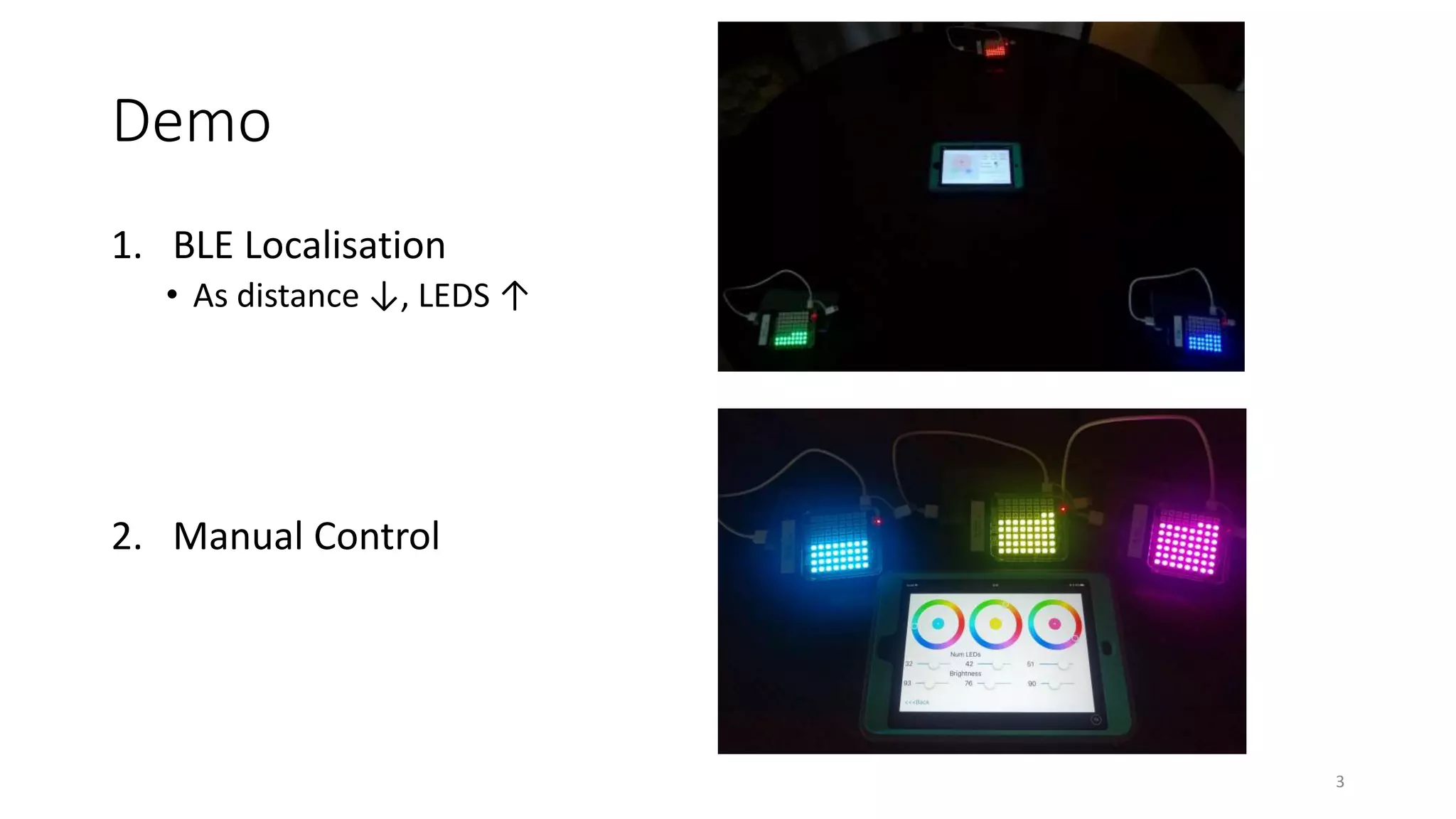 Demo
1. BLE Localisation
• As distance ↓, LEDS ↑
2. Manual Control
3
 