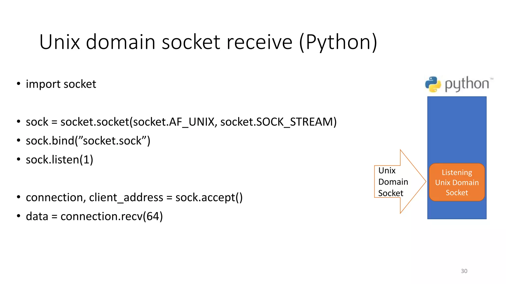 Unix domain socket receive (Python)
• import socket
• sock = socket.socket(socket.AF_UNIX, socket.SOCK_STREAM)
• sock.bind(”socket.sock”)
• sock.listen(1)
• connection, client_address = sock.accept()
• data = connection.recv(64)
30
Unix
Domain
Socket
Listening
Unix Domain
Socket
 
