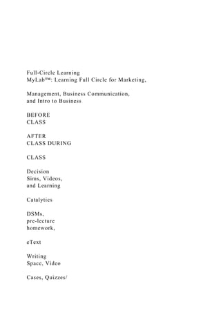 Full-Circle Learning
MyLab™: Learning Full Circle for Marketing,
Management, Business Communication,
and Intro to Business
BEFORE
CLASS
AFTER
CLASS DURING
CLASS
Decision
Sims, Videos,
and Learning
Catalytics
DSMs,
pre-lecture
homework,
eText
Writing
Space, Video
Cases, Quizzes/
 