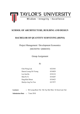 SCHOOL OF ARCHITECTURE, BUILDING AND DESIGN
BACHELOR OF QUANTITY SURVEYING (HONS)
Project Management / Development Economi...
