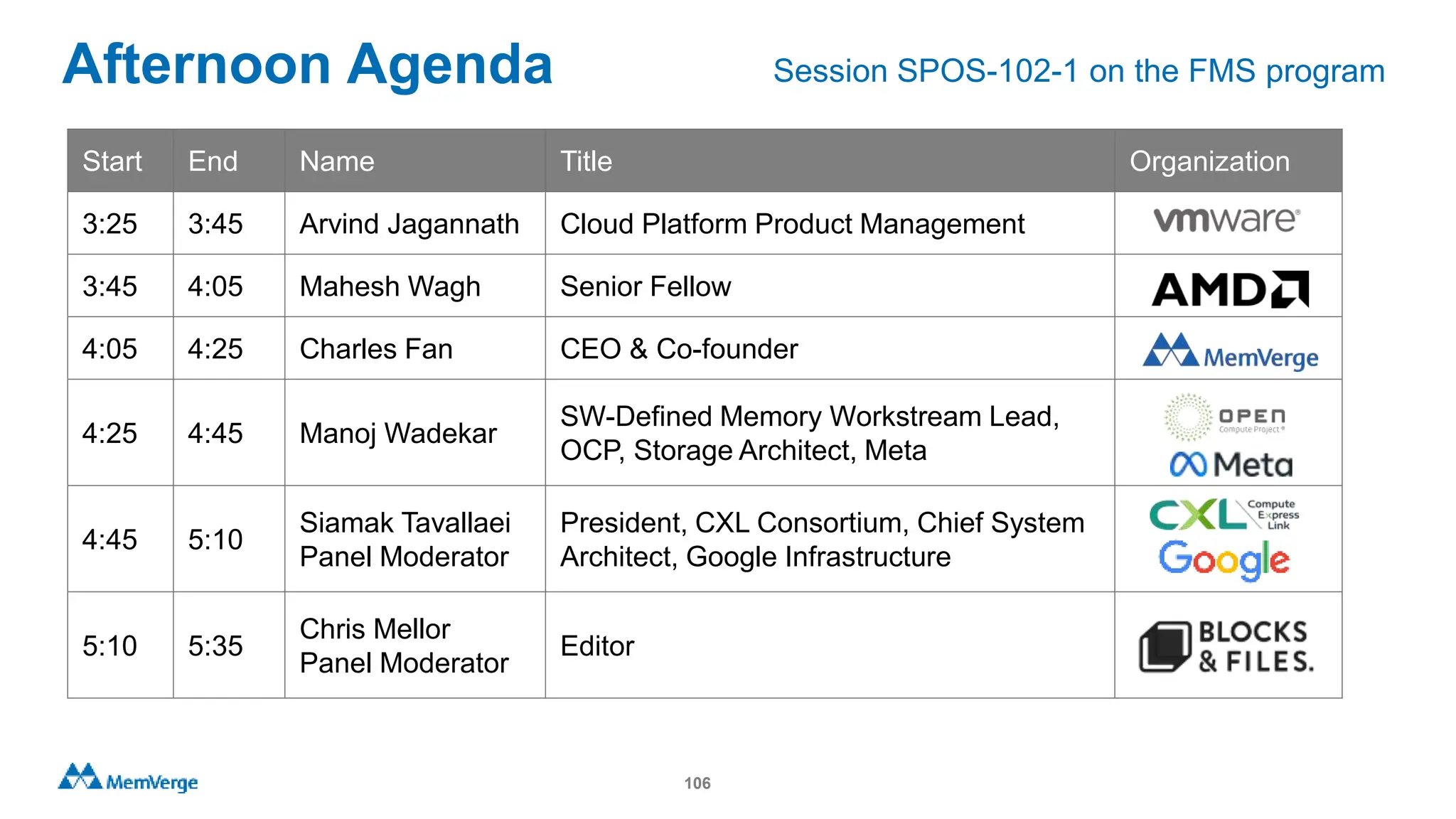Afternoon Agenda
106
Start End Name Title Organization
3:25 3:45 Arvind Jagannath Cloud Platform Product Management
3:45 4:05 Mahesh Wagh Senior Fellow
4:05 4:25 Charles Fan CEO & Co-founder
4:25 4:45 Manoj Wadekar
SW-Defined Memory Workstream Lead,
OCP, Storage Architect, Meta
4:45 5:10
Siamak Tavallaei
Panel Moderator
President, CXL Consortium, Chief System
Architect, Google Infrastructure
5:10 5:35
Chris Mellor
Panel Moderator
Editor
Session SPOS-102-1 on the FMS program
 