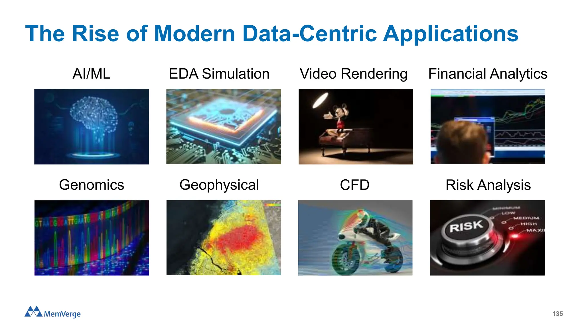 The Rise of Modern Data-Centric Applications
135
EDA Simulation
AI/ML Video Rendering
Geophysical
Genomics Risk Analysis
CFD
Financial Analytics
 