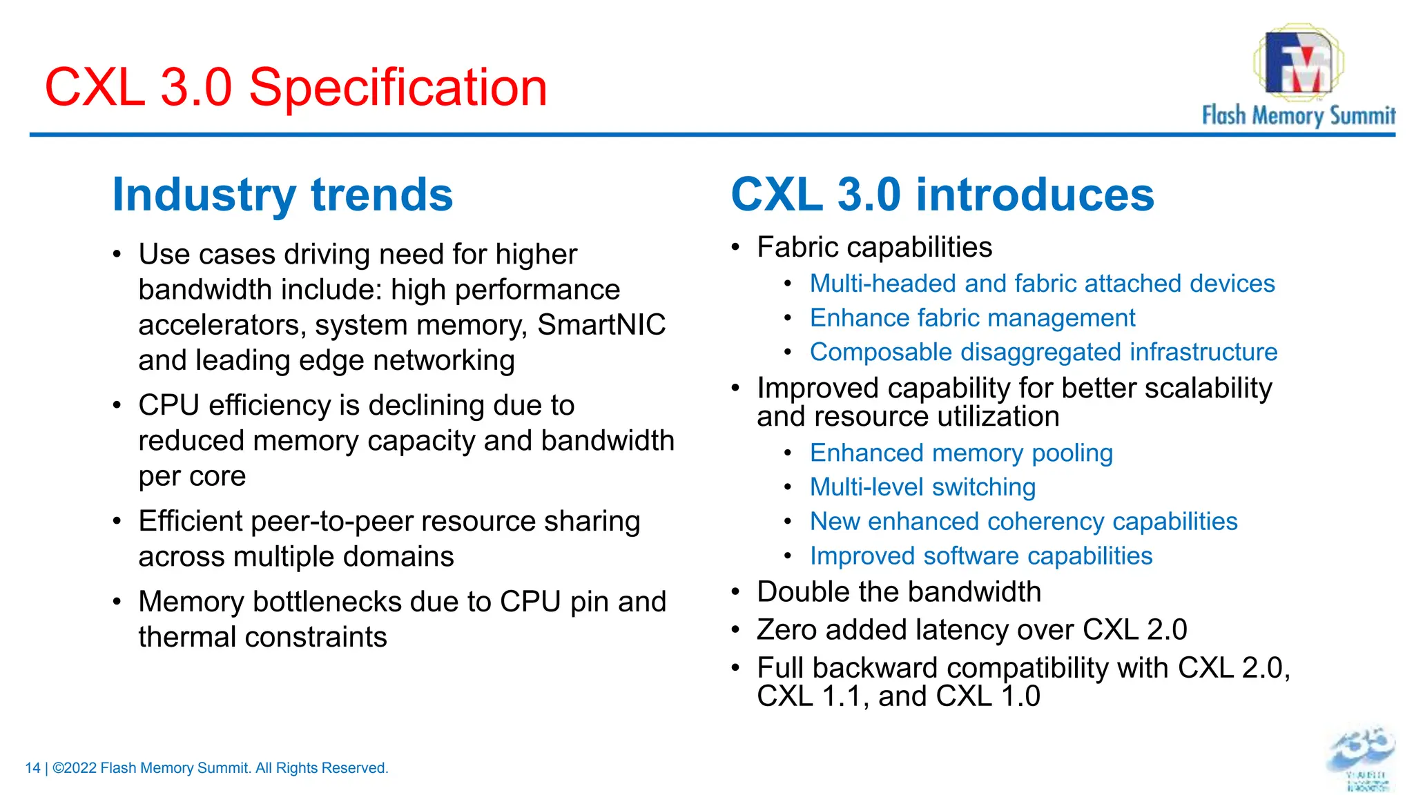 14 | ©2022 Flash Memory Summit. All Rights Reserved.
Industry trends
• Use cases driving need for higher
bandwidth include: high performance
accelerators, system memory, SmartNIC
and leading edge networking
• CPU efficiency is declining due to
reduced memory capacity and bandwidth
per core
• Efficient peer-to-peer resource sharing
across multiple domains
• Memory bottlenecks due to CPU pin and
thermal constraints
CXL 3.0 introduces
• Fabric capabilities
• Multi-headed and fabric attached devices
• Enhance fabric management
• Composable disaggregated infrastructure
• Improved capability for better scalability
and resource utilization
• Enhanced memory pooling
• Multi-level switching
• New enhanced coherency capabilities
• Improved software capabilities
• Double the bandwidth
• Zero added latency over CXL 2.0
• Full backward compatibility with CXL 2.0,
CXL 1.1, and CXL 1.0
CXL 3.0 Specification
 