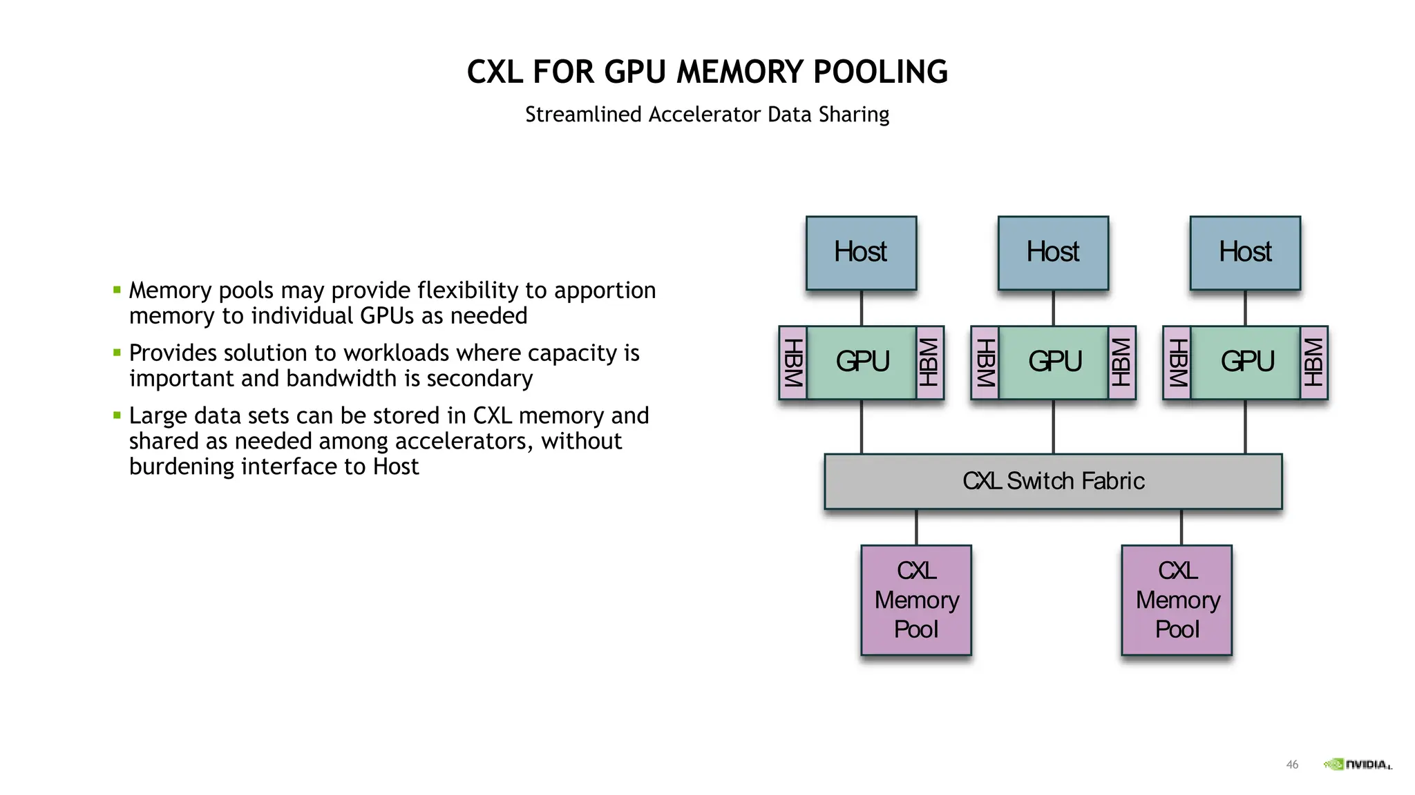 46
CXL FOR GPU MEMORY POOLING
Streamlined Accelerator Data Sharing
 Memory pools may provide flexibility to apportion
memory to individual GPUs as needed
 Provides solution to workloads where capacity is
important and bandwidth is secondary
 Large data sets can be stored in CXL memory and
shared as needed among accelerators, without
burdening interface to Host
GPU GPU GPU
CXLSwitch Fabric
Host Host Host
CXL
Memory
Pool
CXL
Memory
Pool
HBM
HBM
HBM
HBM
HBM
HBM
 