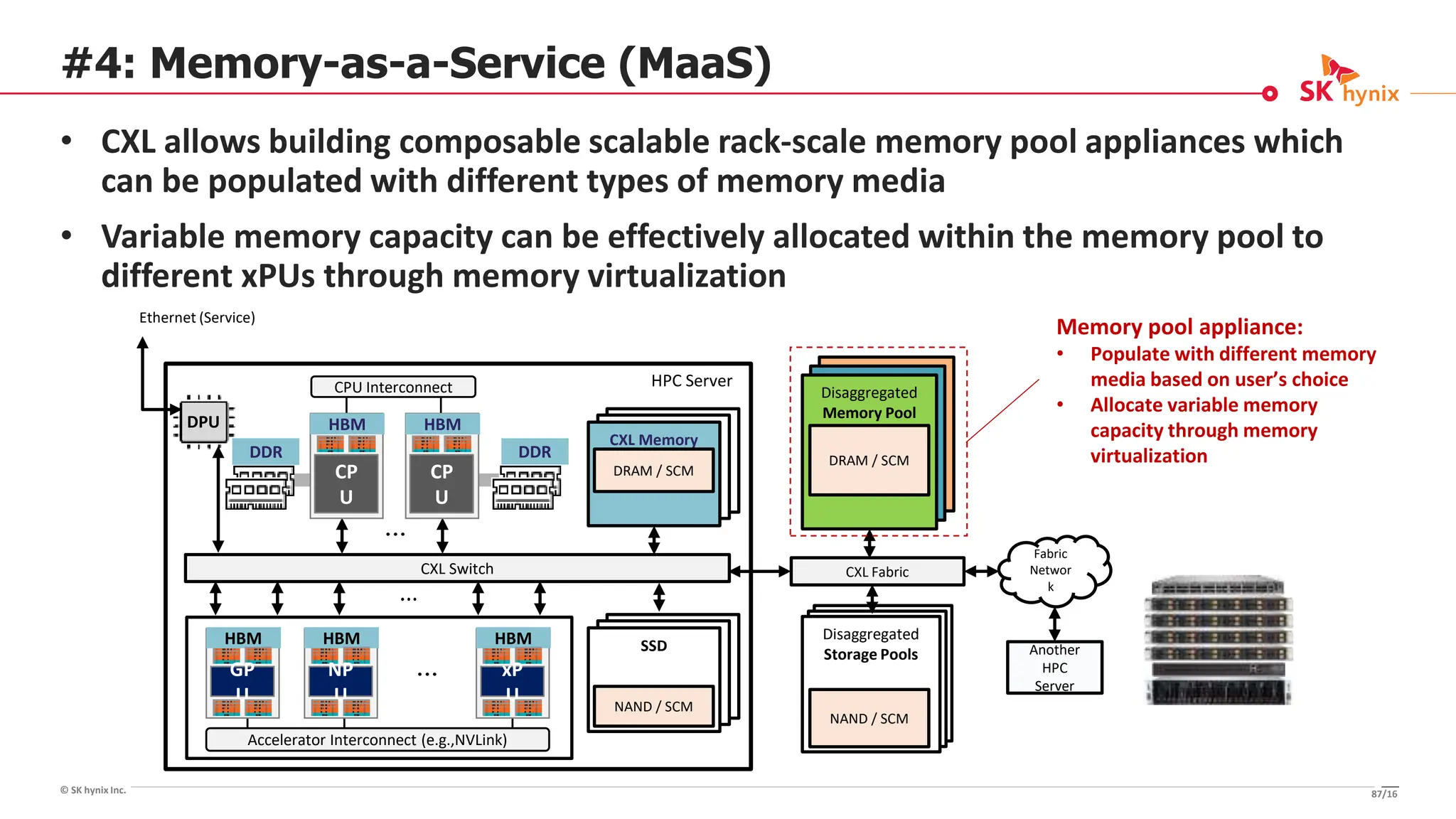 © SK hynix Inc.
#4: Memory-as-a-Service (MaaS)
• CXL allows building composable scalable rack-scale memory pool appliances which
can be populated with different types of memory media
• Variable memory capacity can be effectively allocated within the memory pool to
different xPUs through memory virtualization
CXL Memory
CXL Fabric
Disaggregated
Memory Pool
Fabric
Networ
k
DRAM / SCM
DRAM / SCM
Disaggregated
Storage Pools Another
HPC
Server
CXL Switch
Accelerator Interconnect (e.g.,NVLink)
NAND / SCM
SSD
NAND / SCM
DDR
HBM
CP
U
DDR
HBM
CP
U
HBM
GP
U
HBM
NP
U
HBM
xP
U
DPU
CPU Interconnect
Ethernet (Service)
HPC Server
Memory pool appliance:
• Populate with different memory
media based on user’s choice
• Allocate variable memory
capacity through memory
virtualization
87/16
 