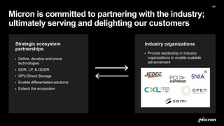 Micron Confidential
Micron Confidential
Micron is committed to partnering with the industry;
ultimately serving and delighting our customers
103
Strategic ecosystem
partnerships
 Define, develop and prove
technologies
 DDR, LP, & GDDR
 GPU Direct Storage
 Enable differentiated solutions
 Extend the ecosystem
Industry organizations
 Provide leadership in industry
organizations to enable scalable
advancement
 
