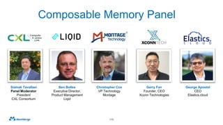 170
Ben Bolles
Executive Director,
Product Management
Liqid
Gerry Fan
Founder, CEO
Xconn Technologies
Siamak Tavallaei
Panel Moderator
President
CXL Consortium
George Apostol
CEO
Elastics.cloud
Christopher Cox
VP Technology
Montage
Composable Memory Panel
 
