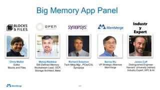 171
Chris Mellor
Editor
Blocks and Files
Manoj Wadekar
SW-Defined Memory
Workstream Lead, OCP,
Storage Architect, Meta
Richard Solomon
Tech Mktg Mgr., PCIe/CXL
Synopsys
Bernie Wu
VP Strategic Alliances
MemVerge
James Cuff
Distinguished Engineer
Harvard University (retired)
Industry Expert, HPC & AI
Industr
y
Expert
Big Memory App Panel
 