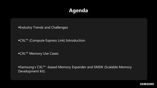 Industry Trends and Challenges
CXL™ (Compute Express Link) Introduction
CXL™ Memory Use Cases
Samsung’s CXL™ -based Memory Expander and SMDK (Scalable Memory
Development Kit)
Agenda
 