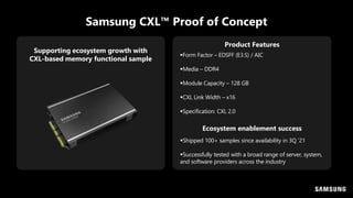 Samsung CXL™ Proof of Concept
Supporting ecosystem growth with
CXL-based memory functional sample
Form Factor – EDSFF (E3.S) / AIC
Media – DDR4
Module Capacity – 128 GB
CXL Link Width – x16
Specification: CXL 2.0
Product Features
Ecosystem enablement success
Shipped 100+ samples since availability in 3Q ‘21
Successfully tested with a broad range of server, system,
and software providers across the industry
 