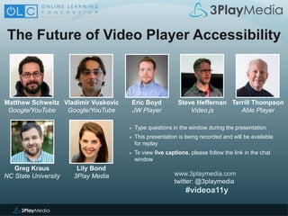 The Future of Video Player Accessibility
www.3playmedia.com
twitter: @3playmedia
#videoa11y
 Type questions in the window during the presentation
 This presentation is being recorded and will be available
for replay
 To view live captions, please follow the link in the chat
window
Eric Boyd
JW Player
Matthew Schweitz
Google/YouTube
Steve Heffernan
Video.js
Greg Kraus
NC State University
Terrill Thompson
Able Player
Lily Bond
3Play Media
Vladimir Vuskovic
Google/YouTube
 