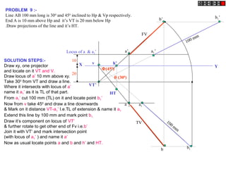 PROBLEM 9 :-
Line AB 100 mm long is 300
and 450
inclined to Hp & Vp respectively.
End A is 10 mm above Hp and it’s VT is 20 mm below Hp
.Draw projections of the line and it’s HT.
X Y
VT’
v
10
20
Locus of a & a1’
θ (300
)
Φ(450
)
a1’
100 mm
b1’
b1
a1
100 mm
b’
a’
b
a
FV
TV
HT
h’
SOLUTION STEPS:-
Draw xy, one projector
and locate on it VT and V.
Draw locus of a’ 10 mm above xy.
Take 300
from VT and draw a line.
Where it intersects with locus of a’
name it a1’ as it is TL of that part.
From a1’ cut 100 mm (TL) on it and locate point b1’
Now from v take 450
and draw a line downwards
& Mark on it distance VT-a1’ I.e.TL of extension & name it a1
Extend this line by 100 mm and mark point b1.
Draw it’s component on locus of VT’
& further rotate to get other end of Fv i.e.b’
Join it with VT’ and mark intersection point
(with locus of a1’ ) and name it a’
Now as usual locate points a and b and h’ and HT.
 