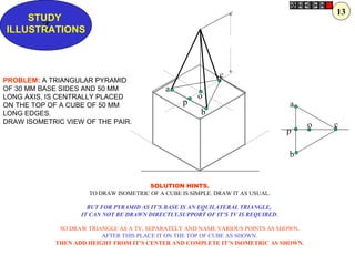 a
b
co
p
p
a
b
c
o
Z
STUDY
ILLUSTRATIONS
PROBLEM: A TRIANGULAR PYRAMID
OF 30 MM BASE SIDES AND 50 MM
LONG AXIS, IS CENTRALLY PLACED
ON THE TOP OF A CUBE OF 50 MM
LONG EDGES.
DRAW ISOMETRIC VIEW OF THE PAIR.
SOLUTION HINTS.
TO DRAW ISOMETRIC OF A CUBE IS SIMPLE. DRAW IT AS USUAL.
BUT FOR PYRAMID AS IT’S BASE IS AN EQUILATERAL TRIANGLE,
IT CAN NOT BE DRAWN DIRECTLY.SUPPORT OF IT’S TV IS REQUIRED.
SO DRAW TRIANGLE AS A TV, SEPARATELY AND NAME VARIOUS POINTS AS SHOWN.
AFTER THIS PLACE IT ON THE TOP OF CUBE AS SHOWN.
THEN ADD HEIGHT FROM IT’S CENTER AND COMPLETE IT’S ISOMETRIC AS SHOWN.
13
 