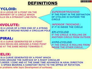 CYCLOID:
IS A LOCUS OF A POINT ON THE
ERIPHERY OF A CIRCLE WHICH
OLLS ON A STRAIGHT LINE PATH.
NVOLUTE:
IS A LOCUS OF A FREE END OF A STRING
HEN IT IS WOUND ROUND A CIRCULAR POLE
SPIRAL:
IS A CURVE GENERATED BY A POINT
HICH REVOLVES AROUND A FIXED POINT
ND AT THE SAME MOVES TOWARDS IT.
HELIX:
IS A CURVE GENERATED BY A POINT WHICH
OVES AROUND THE SURFACE OF A RIGHT CIRCULAR
YLINDER / CONE AND AT THE SAME TIME ADVANCES IN AXIAL DIRECTION
T A SPEED BEARING A CONSTANT RATIO TO THE SPPED OF ROTATION.
or problems refer topic Development of surfaces)
DEFINITIONS
SUPERIORTROCHOID:
IF THE POINT IN THE DEFINATION
OF CYCLOID IS OUTSIDE THE
CIRCLE
INFERIOR TROCHOID.:
IF IT IS INSIDE THE CIRCLE
EPI-CYCLOID
IF THE CIRCLE IS ROLLING ON
ANOTHER CIRCLE FROM OUTSIDE
HYPO-CYCLOID.
IF THE CIRCLE IS ROLLING FROM
INSIDE THE OTHER CIRCLE,
 