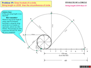 1 2 3 4 5 6 7 8
P
1
2
3
4
5
6
7
8
P3
3
to
p
P4
4 to p
P5
5to
p
P7
7
to
p
P6
6top
P2
2top
P1
1top
150 mm
(Less than πD)
πD
INVOLUTE OF A CIRCLE
String length LESS than πD
Problem 19: Draw Involute of a circle.
String length is LESS than the circumference of circle.
Solution Steps:
In this case string length is Less
than Π D.
But remember!
Whatever may be the length of
string, mark Π D distance
horizontal i.e.along the string
and divide it in 8 number of
equal parts, and not any other
distance. Rest all steps are same
as previous INVOLUTE. Draw
the curve completely.
 