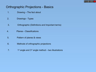 Orthographic Projections - Basics
1. Drawing – The fact about
2. Drawings - Types
3. Orthographic (Definitions and Important terms)
4. Planes - Classifications
5. Pattern of planes & views
6. Methods of orthographic projections
7. 1st
angle and 3rd
angle method – two illustrations
 