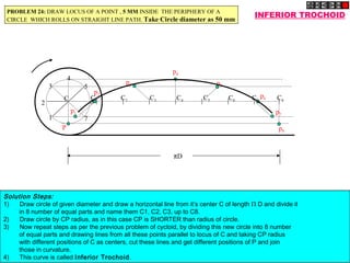 P
C1 C2 C3 C4 C5 C6 C7 C8
p1
p2
p3
p4
p5
p6
p7
p8
1
2
3
4
5
6
7
C
πD
INFERIOR TROCHOID
PROBLEM 24: DRAW LOCUS OF A POINT , 5 MM INSIDE THE PERIPHERY OF A
CIRCLE WHICH ROLLS ON STRAIGHT LINE PATH. Take Circle diameter as 50 mm
Solution Steps:
1)      Draw circle of given diameter and draw a horizontal line from it’s center C of length Π D and divide it
in 8 number of equal parts and name them C1, C2, C3, up to C8.
2)      Draw circle by CP radius, as in this case CP is SHORTER than radius of circle.
3)      Now repeat steps as per the previous problem of cycloid, by dividing this new circle into 8 number
of equal parts and drawing lines from all these points parallel to locus of C and taking CP radius
with different positions of C as centers, cut these lines and get different positions of P and join
those in curvature.
4)      This curve is called Inferior Trochoid.
 