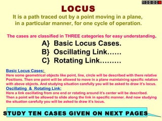 LOCUS
It is a path traced out by a point moving in a plane,
in a particular manner, for one cycle of operation.
The cases are classified in THREE categories for easy understanding.
A} Basic Locus Cases.
B} Oscillating Link……
C} Rotating Link………
Basic Locus Cases:
Here some geometrical objects like point, line, circle will be described with there relative
Positions. Then one point will be allowed to move in a plane maintaining specific relation
with above objects. And studying situation carefully you will be asked to draw it’s locus.
Oscillating & Rotating Link:
Here a link oscillating from one end or rotating around it’s center will be described.
Then a point will be allowed to slide along the link in specific manner. And now studying
the situation carefully you will be asked to draw it’s locus.
STUDY TEN CASES GIVEN ON NEXT PAGES
 