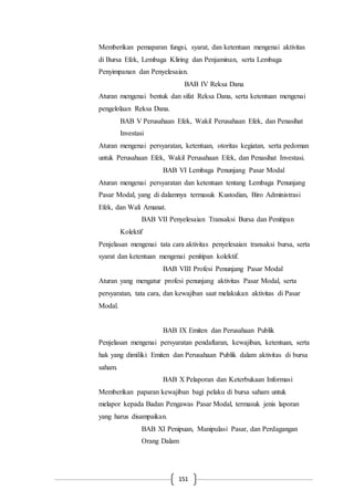 151
Memberikan pemaparan fungsi, syarat, dan ketentuan mengenai aktivitas
di Bursa Efek, Lembaga Kliring dan Penjaminan, serta Lembaga
Penyimpanan dan Penyelesaian.
BAB IV Reksa Dana
Aturan mengenai bentuk dan sifat Reksa Dana, serta ketentuan mengenai
pengelolaan Reksa Dana.
BAB V Perusahaan Efek, Wakil Perusahaan Efek, dan Penasihat
Investasi
Aturan mengenai persyaratan, ketentuan, otoritas kegiatan, serta pedoman
untuk Perusahaan Efek, Wakil Perusahaan Efek, dan Penasihat Investasi.
BAB VI Lembaga Penunjang Pasar Modal
Aturan mengenai persyaratan dan ketentuan tentang Lembaga Penunjang
Pasar Modal, yang di dalamnya termasuk Kustodian, Biro Administrasi
Efek, dan Wali Amanat.
BAB VII Penyelesaian Transaksi Bursa dan Penitipan
Kolektif
Penjelasan mengenai tata cara aktivitas penyelesaian transaksi bursa, serta
syarat dan ketentuan mengenai penitipan kolektif.
BAB VIII Profesi Penunjang Pasar Modal
Aturan yang mengatur profesi penunjang aktivitas Pasar Modal, serta
persyaratan, tata cara, dan kewajiban saat melakukan aktivitas di Pasar
Modal.
BAB IX Emiten dan Perusahaan Publik
Penjelasan mengenai persyaratan pendaftaran, kewajiban, ketentuan, serta
hak yang dimiliki Emiten dan Perusahaan Publik dalam aktivitas di bursa
saham.
BAB X Pelaporan dan Keterbukaan Informasi
Memberikan paparan kewajiban bagi pelaku di bursa saham untuk
melapor kepada Badan Pengawas Pasar Modal, termasuk jenis laporan
yang harus disampaikan.
BAB XI Penipuan, Manipulasi Pasar, dan Perdagangan
Orang Dalam
 