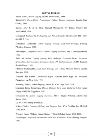 181
DAFTAR PUSTAKA
Hasyim Farida, Hukum Dagang, Jakarta: Sinar Grafika, 2009.
Kansil.C.S.T, Pokok-Pokok Pengetahuan Hukum Dagang Indonesia, Jakarta: Sinar
Grafika, 2008.
Keown. Artur J., et al.. Basic Financial Management. 7th Edition. Prentice Hall
InterNational. 1996.
Molengraaff, Leidraad bij de Boefening van Het Nederlandse Handelsrecht, Jilid 1 1974
dan Jilid 2 1954.
Muhammad Abdulkadir, Hukum Dagang Tentang Surat-surat Berharga, Bandung:
PT.Aditya Pratama, 1993.
Purwosutjipto, Pengertian Pokok Hukum Dagang Indonesia, Jilid 7 Jakarta:Djambatan,
1984.
Ridho Ali, Hukum Dagang tentang Surat Berharga, Perseroan Firma, Perseroan
Komanditer, Keseimbangan Kekuasaan dalam PT danPenswastaan BUMN Bandung:
RemadjaKarya, 1988.
S.Batoeh Boerhanoeddin, Surat-surat Berharga dan Artinya Menurut Hukum, Jakarta:
Binacipta, 1980.
Scheltema dan Wiarda, Commercial Paper, Harcourt Brace Legal and Profesional
Publication, Inc, New York, 1992.
Sembiring Sentosa, Hukum Dagang, Jakarta: PT. Citra Ditya Bekti, 2008.
Simanjutak Emmy Pangaribuan, Hukum Dagang Surat-surat Berharga, Seksi Hukum
Dagang FH UGM, Yogyakarta, 1982.
Soekardono R, Hukum Dagang Indonesia, Jilid 1 (Bagian Pertama), Jakarta: Dian
Rakyat, 1981.
UU No.7/1992 tentang Perbankan.
Volmer, Charles, Commercial Paper and Payment Law, West Publishing Co, ST. Paul,
Minn, 1975.
Wijayanti Henny, “Hukum Dagang Bagian 1” Diktat Fakultas Hukum UMJ, 2010.
Zevenbergeen, Negotiable Instruments and Check Collection, West Publishing company,
1993.
 