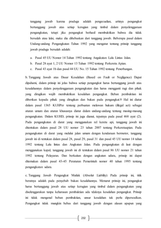 232
tanggung jawab karena praduga adalah pengecualian, artinya pengangkut
bertanggung jawab atas setiap kerugian yang timbul dalam penyelenggaraan
pengangkutan, tetapi jika pengangkut berhasil membuktikan bahwa dia tidak
bersalah atau lalai, maka dia dibebaskan dari tanggung jawab. Beberapa pasal dalam
Undang-undang Pengangkutan Tahun 1992 yang mengatur tentang prinsip tanggung
jawab praduga bersalah adalah:
a. Pasal 45 UU Nomor 14 Tahun 1992 tentang Angukutan Lalu Lintas Jalan.
b. Pasal 28 ayat 1, 2 UU Nomor 13 Tahun 1992 tentang Perkereta Apian.
c. Pasal 43 ayat 1b dan pasal 44 UU No. 15 Tahun 1992 tentang Penerbangan.
b. Tanggung Jawab atas Dasar Kesalahan (Based on Fault or Negligence) Dapat
dipahami, dalam prinsip ini jelas bahwa setiap pengangkut harus bertanggung jawab atas
kesalahannya dalam penyelenggaraan pengangkutan dan harus mengganti rugi dan pihak
yang dirugikan wajib membuktikan kesalahan pengangkut. Beban pembuktian ini
diberikan kepada pihak yang dirugikan dan bukan pada pengangkut.9 Hal ini diatur
dalam pasal 1365 KUHPer tentang perbuatan melawan hukum (illegal act) sebagai
aturan umum dan aturan khususnya diatur dalam undang-undang tentang masing-masung
pengangkutan. Dalam KUHD, prinsip ini juga dianut, tepatnya pada pasal 468 ayat (2).
Pada pengangkutan di darat yang menggunakan rel kereta api, tanggung jawab ini
ditentukan dalam pasal 28 UU nomor 23 tahun 2007 tentang Perkeretaapian. Pada
pengangkutan di darat yang melalui jalan umum dengan kendaraan bermotor, tanggung
jawab ini di tentukan dalam pasal 28, pasal 29, pasal 31 dan pasal 45 UU nomor 14 tahun
1992 tentang Lalu lintas dan Angkutan Jalan. Pada pengangkutan di laut dengan
menggunakan kapal, tanggung jawab ini di tentukan dalam pasal 86 UU nomor 21 tahun
1992 tentang Pelayaran. Dan berkaitan dengan angkutan udara, prinsip ini dapat
ditemukan dalam pasal 43-45 Peraturan Pemerintah nomor 40 tahun 1995 tentang
pengangkutan udara.
c. Tanggung Jawab Pengangkut Mutlak (Absolut Liability) Pada prinsip ini, titik
beratnya adalah pada penyebab bukan kesalahannya. Menurut prinsip ini, pengangkut
harus bertanggung jawab atas setiap kerugian yang timbul dalam pengangkutan yang
diselenggarakan tanpa keharusan pembuktian ada tdaknya kesalahan pengangkut. Prinsip
ini tidak mengenal beban pembuktian, unsur kesalahan tak perlu dipersoalkan.
Pengangkut tidak mungkin bebas dari tanggung jawab dengan alasan apapun yang
 