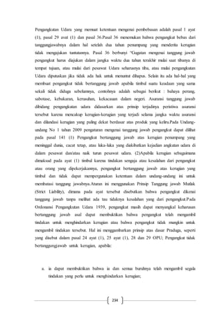 234
Pengangkutan Udara yang memuat ketentuan mengenai pembebasan adalah pasal 1 ayat
(1), pasal 29 avat (1) dan pasal 36.Pasal 36 menemukan bahwa pengangkut bebas dari
tanggungjawabnya dalam hal setelah dua tahun penumpang yang menderita kerugian
tidak mengajukan tuntutannya. Pasal 36 berbunyi “Gugatan mengenai tanggung jawab
pengangkut harus diajukan dalam jangka waktu dua tahun terakhir mulai saat tibanya di
tempat tujuan, atau mulai dari pesawat Udara seharusnya tiba, atau mulai pengangkutan
Udara diputuskan jika tidak ada hak untuk menuntut dihapus. Selain itu ada hal-hal yang
membuat pengangkut tidak bertanggung jawab apabila timbul suatu keadaan yang sama
sekali tidak diduga sebelumnya, contohnya adalah sebagai berikut : bahaya perang,
sabotase, kebakaran, kerusuhan, kekacauan dalam negeri. Asuransi tanggung jawab
dibidang pengangkutan udara didasarkan atas prinsip terjadinya peristiwa asuransi
tersebut karena mencakup kerugian-kerugian yang terjadi selama jangka waktu asuransi
dan dilandasi kerugian yang paling dekat berdasar atas produk yang keliru.Pada Undang-
undang No 1 tahun 2009 pengaturan mengenai tanggung jawab pengangkut dapat dilihat
pada pasal 141 (1) Pengangkut bertanggung jawab atas kerugian penumpang yang
meninggal dunia, cacat tetap, atau luka-luka yang diakibatkan kejadian angkutan udara di
dalam pesawat dan/atau naik turun pesawat udara. (2)Apabila kerugian sebagaimana
dimaksud pada ayat (1) timbul karena tindakan sengaja atau kesalahan dari pengangkut
atau orang yang dipekerjakannya, pengangkut bertanggung jawab atas kerugian yang
timbul dan tidak dapat mempergunakan ketentuan dalam undang-undang ini untuk
membatasi tanggung jawabnya.Aturan ini menggunakan Prinsip Tanggung jawab Mutlak
(Strict Liability), dimana pada ayat tersebut disebutkan bahwa pengangkut dikenai
tanggung jawab tanpa melihat ada tau tidaknya kesalahan yang dari pengangkut.Pada
Ordonansi Pengangkutan Udara 1939, pengangkut masih dapat menyangkal keharusan
bertanggung jawab asal dapat membuktikan bahwa pengangkut telah mengambil
tindakan untuk menghindarkan kerugian atau bahwa pengangkut tidak mungkin untuk
mengambil tindakan tersebut. Hal ini menggambarkan prinsip atas dasar Praduga, seperti
yang disebut dalam pasal 24 ayat (1), 25 ayat (1), 28 dan 29 OPU; Pengangkut tidak
bertanggungjawab untuk kerugian, apabila:
a. ia dapat membuktikan bahwa ia dan semua buruhnya telah mengambil segala
tindakan yang perlu untuk menghindarkan kerugian;
 